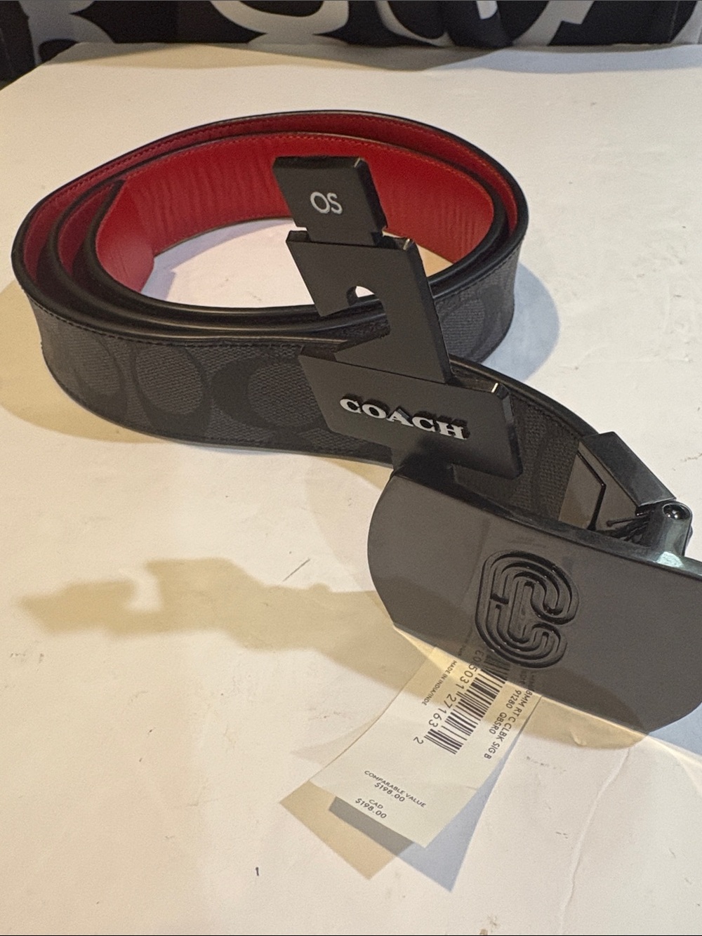 NWT Coach Reversible Signature C Belt Black Charcoal Red Leather Cut-To-Size